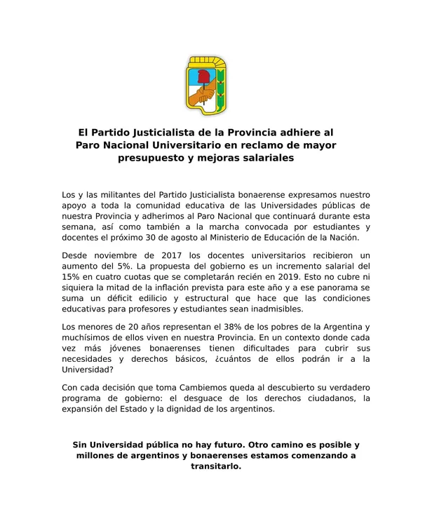 El PJ bonaerense adhiere al paro nacional universitario