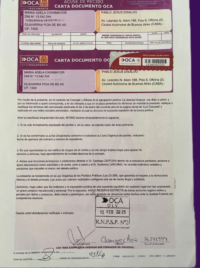 Casamayor intimó al coordinador seccional de La Libertad Avanza