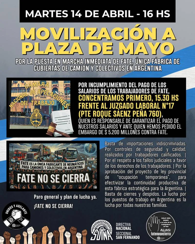 Trabajadores de FATE movilizan a Plaza de Mayo.