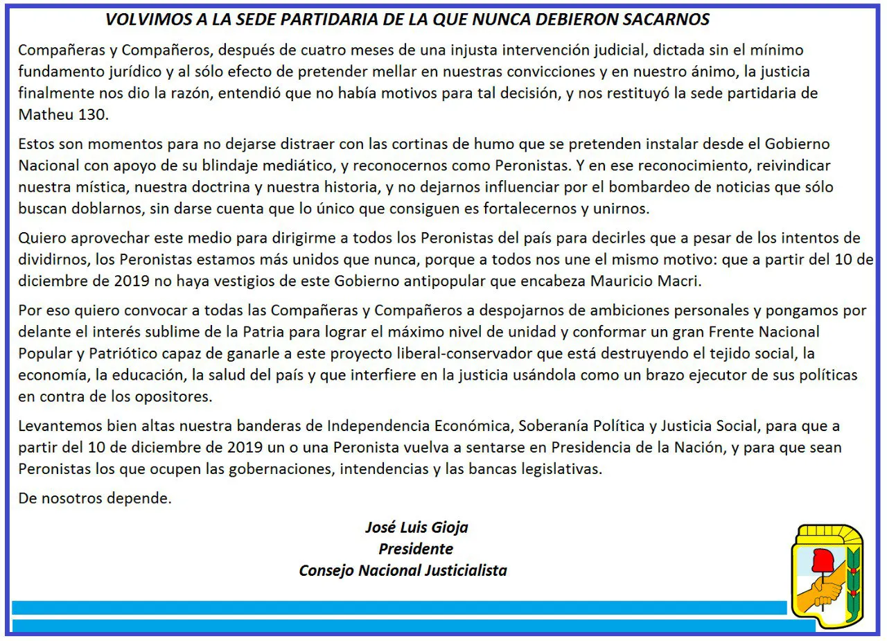 Gioja volvió al PJ: “Dejaron mugre por todos lados”