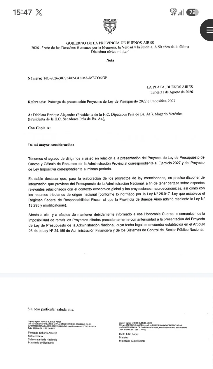 Kicillof pidió prórroga para presentar su Presupuesto 2027..