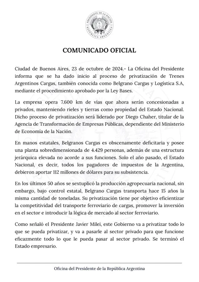 El gobierno anunció la privatización del Belgrano Cargas El gobierno anunció la privatización del Belgrano Cargas