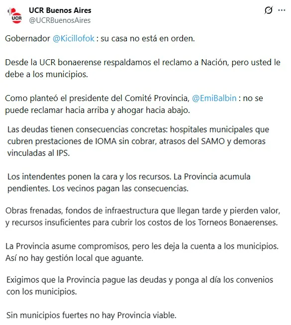 El mensaje del Comité provincial en X