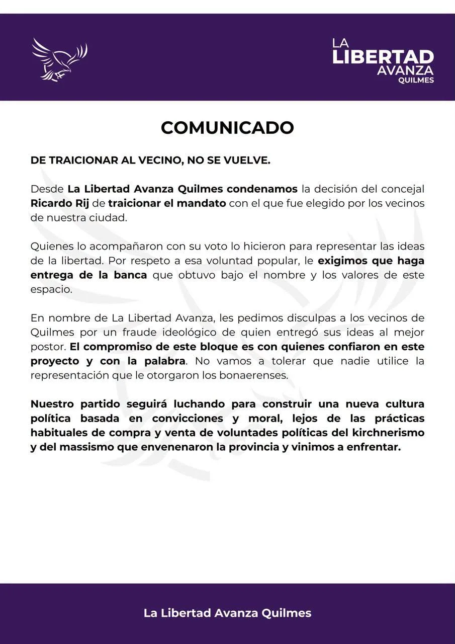 La Libertad Avanza Quilmes condenó el abandono al bloque libertario del concejal Ricardo Rij.