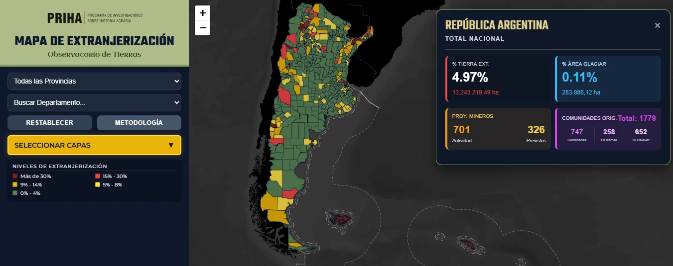 Mapa de la extranjerización de las tierras en Argentina (Observatorio de Tierras).