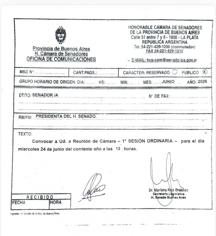 Convocatoria a la 1° sesión ordinaria del Senado bonaerense.