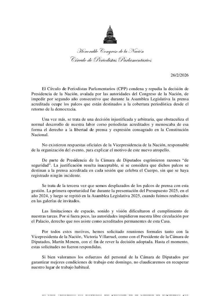 Comunicado Círculo de Periodistas Parlamentarios