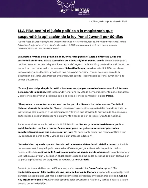 El comunicado de LLA bonaerense.