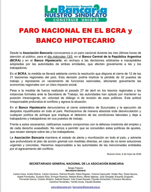 Comunicado de La Bancaria