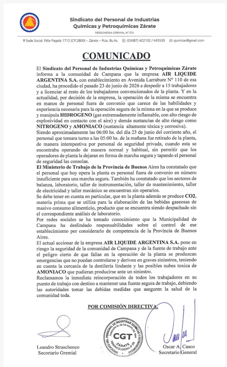La denuncia del Sindicato del Personal de Industrias Químicas y Petroquímicas.