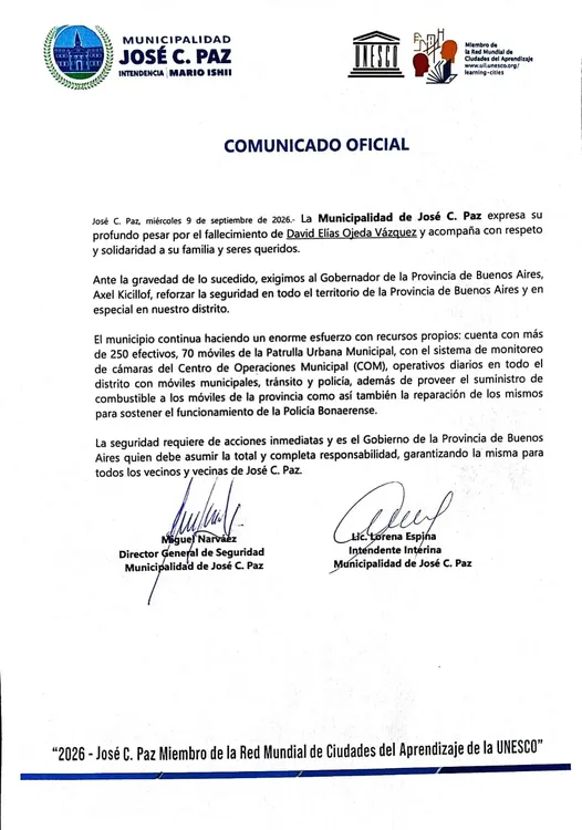 José C. Paz reclamó a Kicillof más seguridad tras el asesinato de David Ojeda Vázquez.