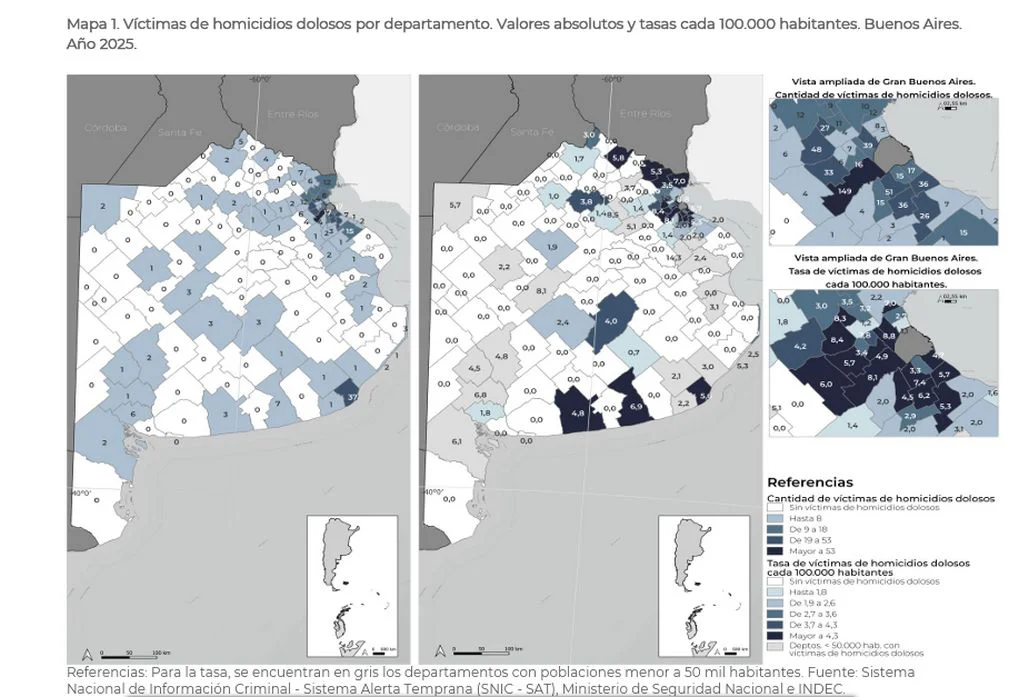 El mapa del SNIC muestra la distribución de las víctimas de homicidios dolosos en la provincia de Buenos Aires durante 2025, con detalle del Gran Buenos Aires.