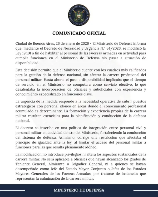 Ministerio de Defensa comunicado