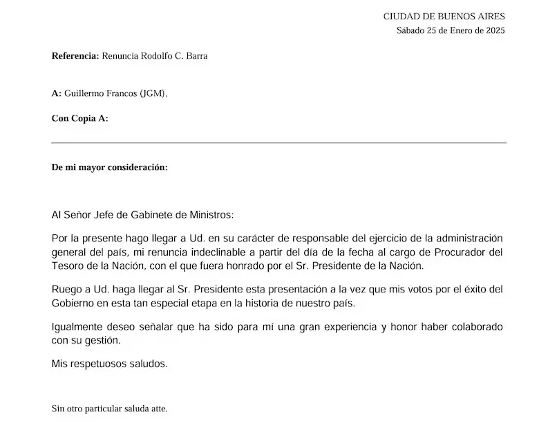 El mensaje de Rodolfo Barra tras su renuncia como procurador del Tesoro El mensaje de Rodolfo Barra tras su renuncia como procurador del Tesoro