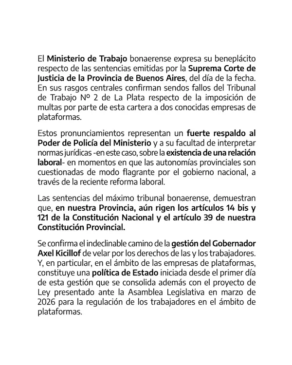 El Ministerio de Trabajo expresa su beneplácito respecto de las sentencias emitidas por la Suprema Corte.