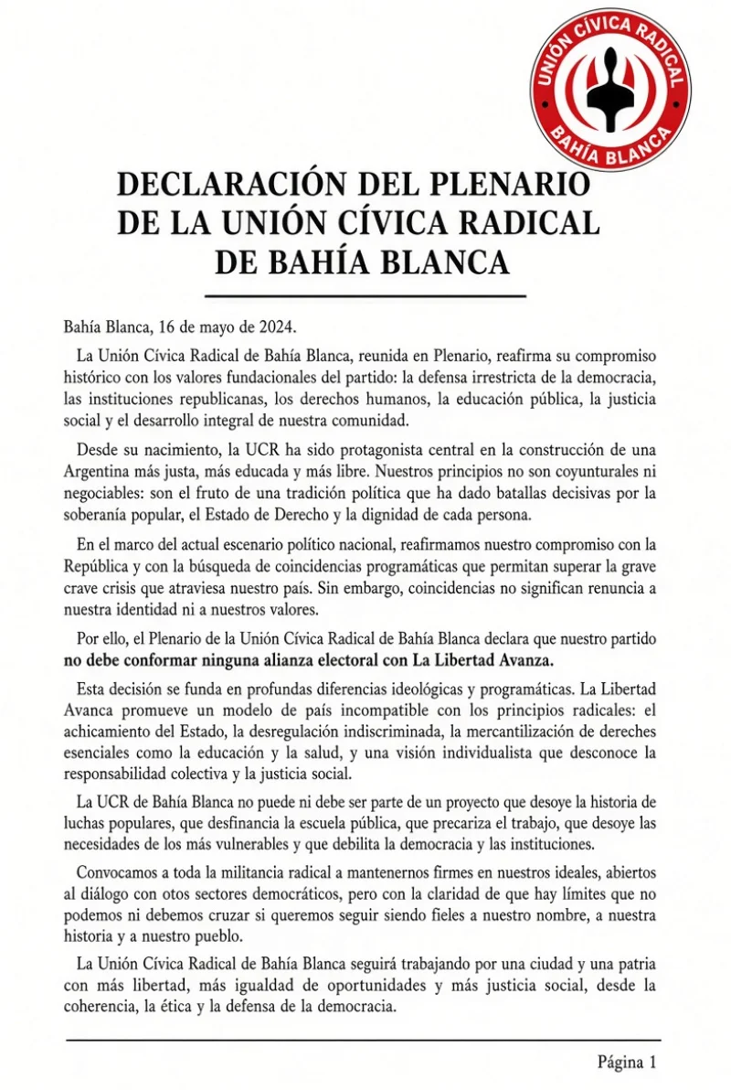 Declaración del plenario de la UCR bahiense.