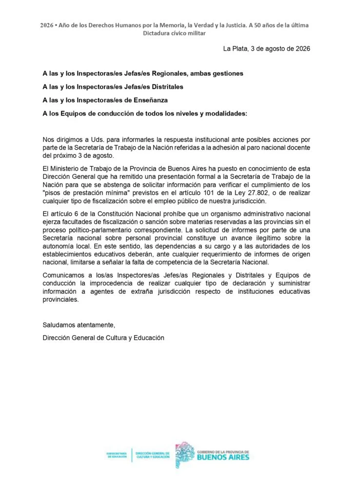 El comunicado de la Dirección General de Cultura y Educación.
