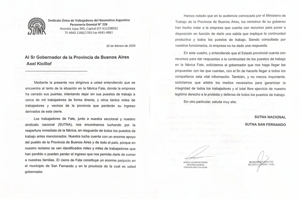 La nota que presentó el SUTNA a la Provincia por el conflicto en FATE