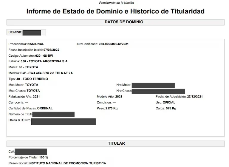 El informe de dominio del vehículo que usa Adorni.