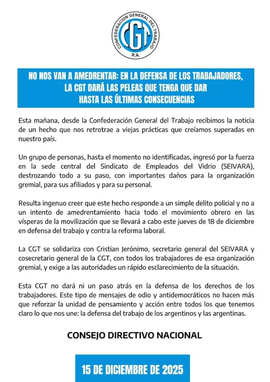 CGT Comunicado ataque sede Vidrio