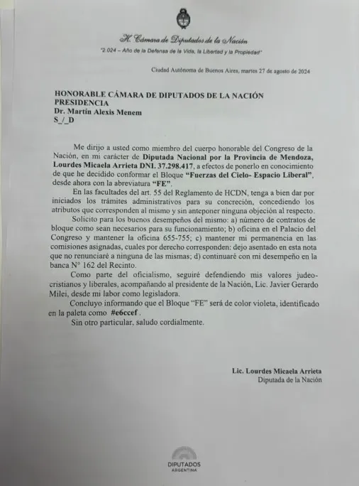 La diputada Arrieta se va de LLA y crea su propio bloque tras escándalo La diputada Arrieta se va de LLA y crea su propio bloque tras escándalo