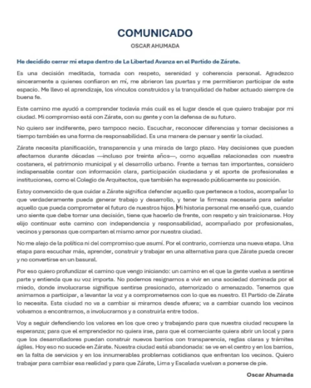Ahumada anunció su renuncia a LLA