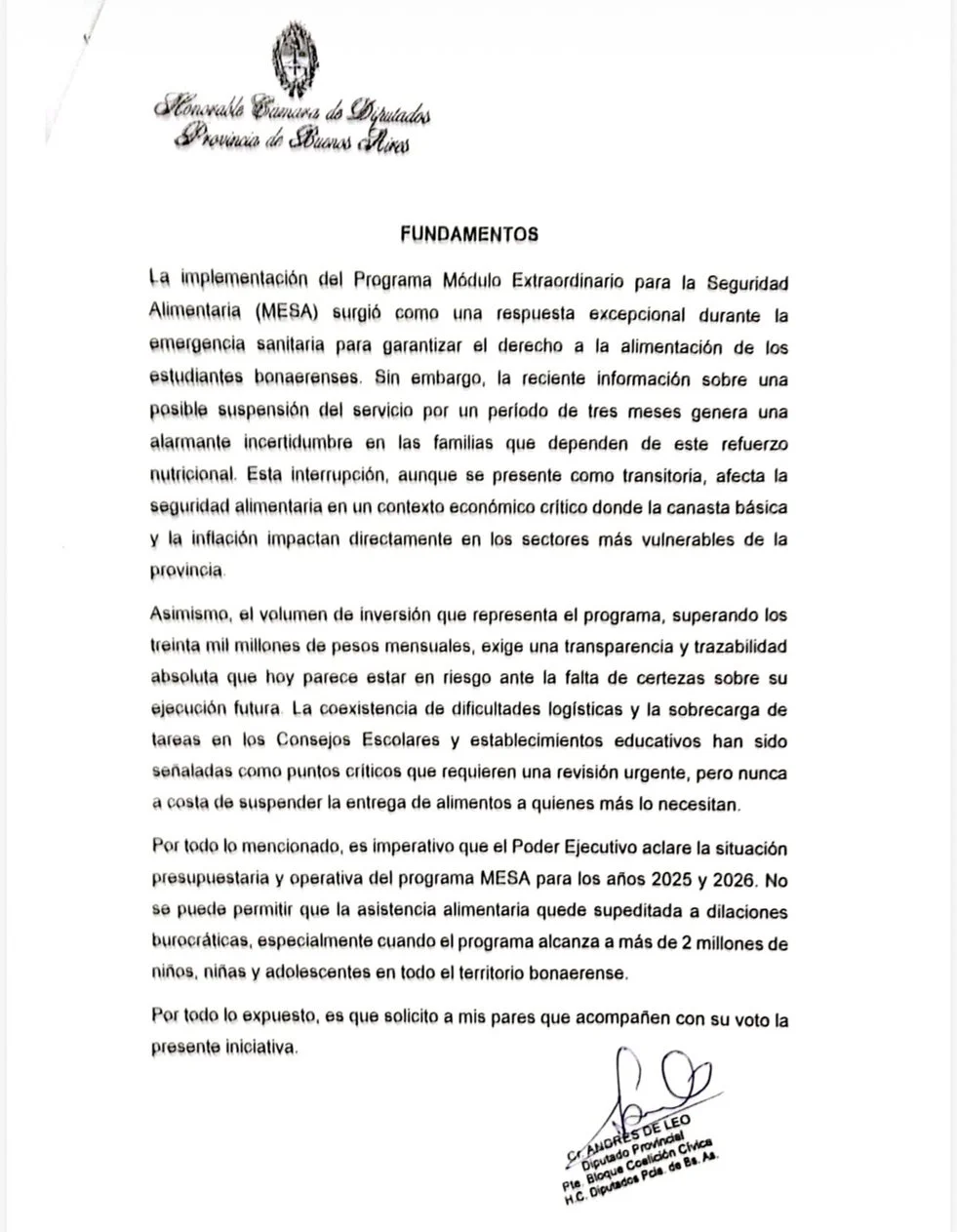 El diputado de la Coalición Cívica Andrés De Leo presentó en abril un proyecto de declaración por el programa MESA