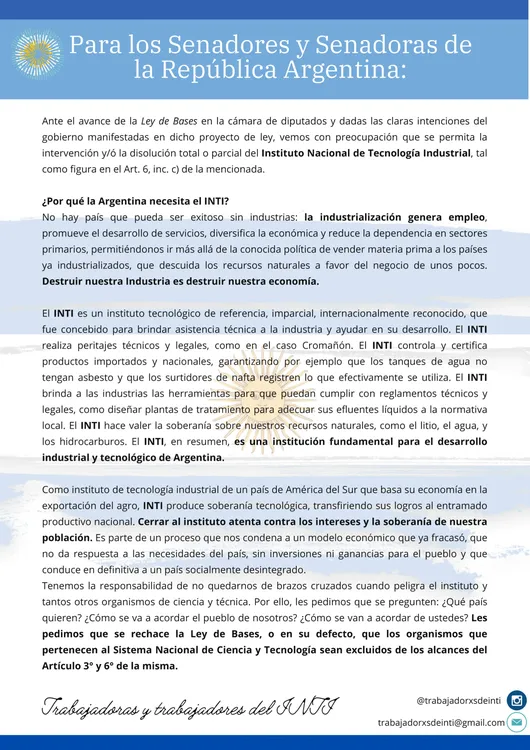 Trabajadores del INTI advierten sobre riesgo de disolución en carta abierta a senadores - grupolaprovincia.com Trabajadores del INTI advierten sobre riesgo de disolución en carta abierta a senadores - grupolaprovincia.com