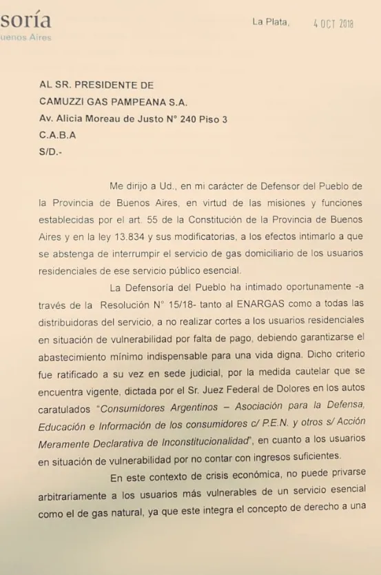 Lorenzino pidió que no le corten el gas a quienes no pueden pagar