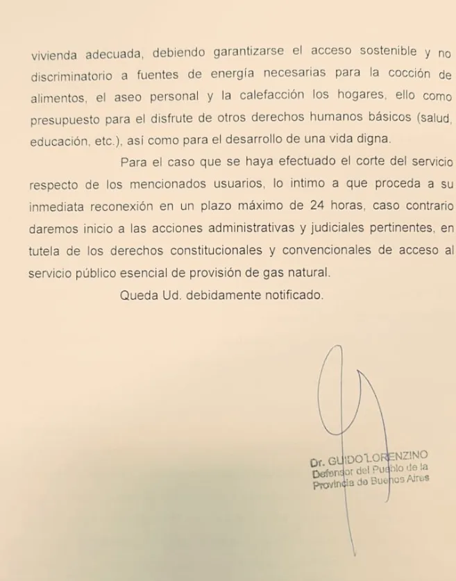 Lorenzino pidió que no le corten el gas a quienes no pueden pagar