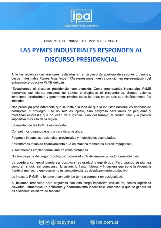 Pymes industriales contra Milei