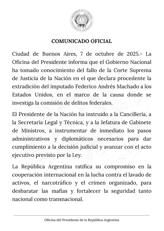 Comunicado Fred Machado Oficina del Presidente