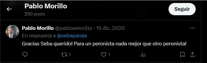 Mensaje público de Pablo Morillo a Sebastián Pareja en 2020